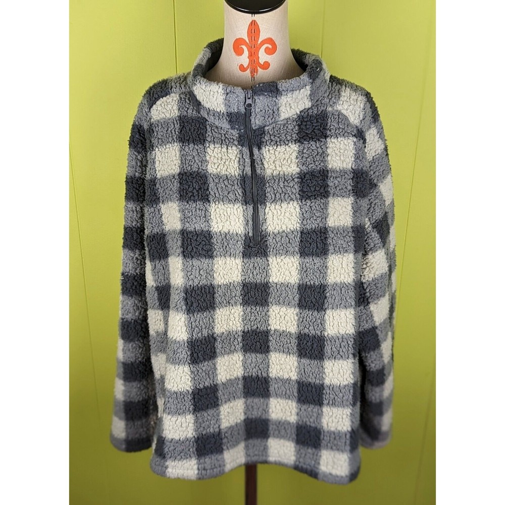 SEVEN APPAREL Womens Plus 3XL Fleece Sherpa Soft Quarter Zip Jacket Gray Plaid
